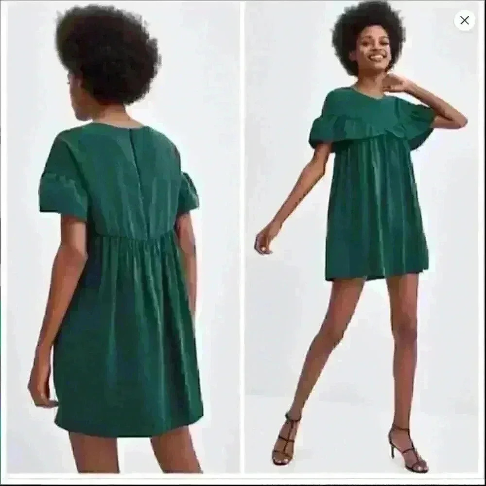 Zara Women's Emerald Green Flowing Ruffled Mini Playsuit Dress/Romper - Size Med